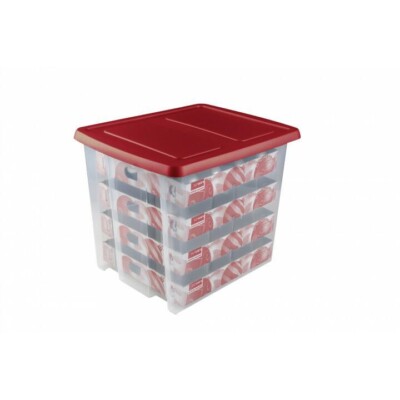 SUNWARE Nesta Weihnachtsbox 45L mit Tabletts 64Weihnachtskugel(Ø70-80mm)-tr/rot