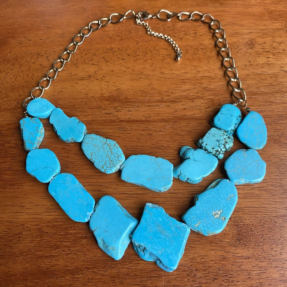 Collar losa turquesa con cuentas llamativo babero en capas dos hilos 15 piezas