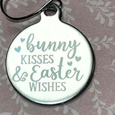 Silver Tone Engraved Bunny Kisses & Easter Round Charm Dangle Earrings. S621