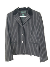 RALPH LAUREN BLACK WOOL WHITE STRIPES VELOUR COLLAR LINING BLAZER JACKET 10