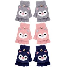 3 Pairs Kids Fingerless Gloves Convertible Gray, Light Pink, Navy Blue Bear