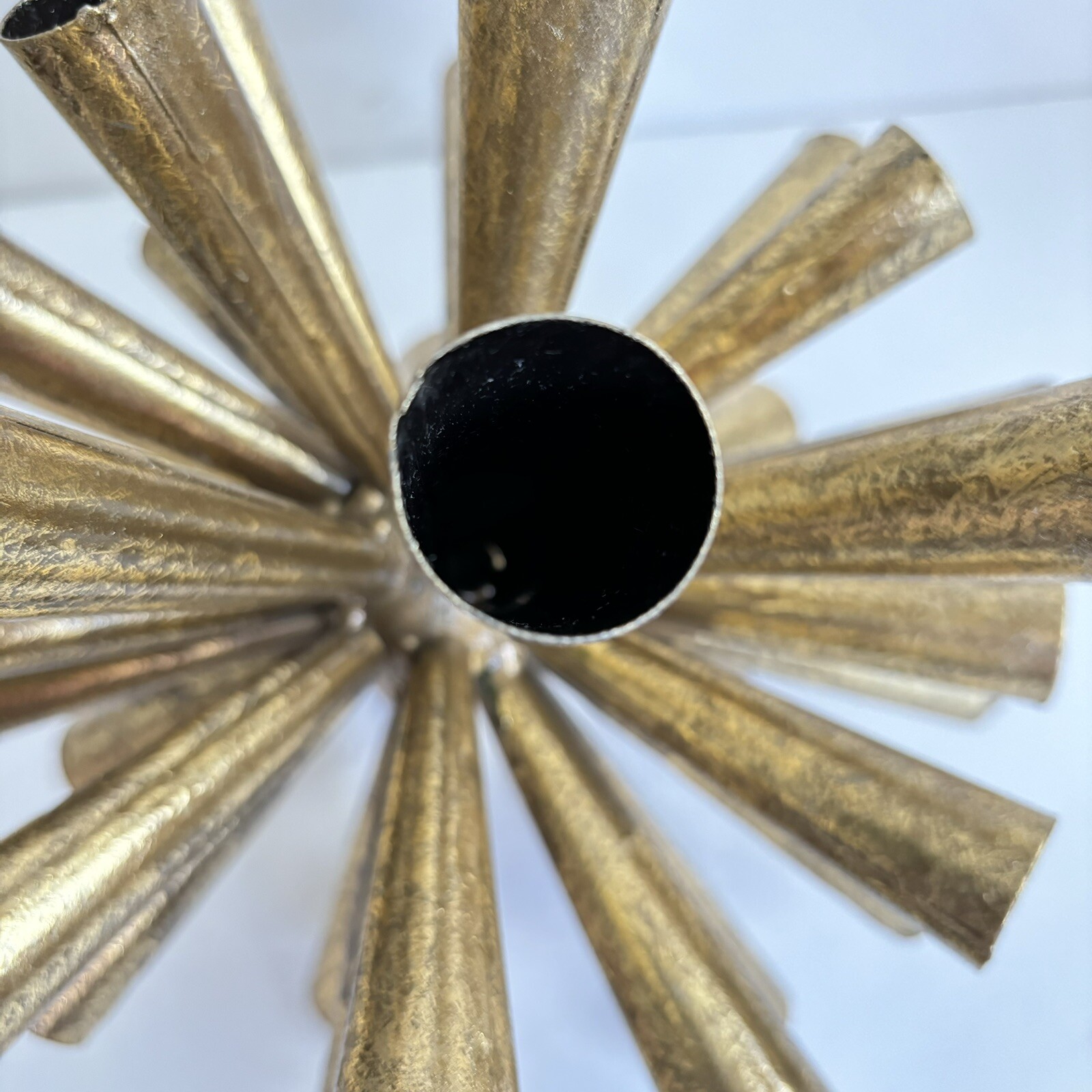 2 Metal Starburst Sputnik Style Tube Sculptures 10” And 8” Gold Tone Vintage