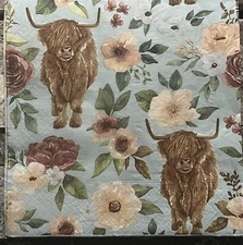 TWO Paper Lunch Napkins Decoupage Artistic Highland Cows Green W/ Pink Flowers