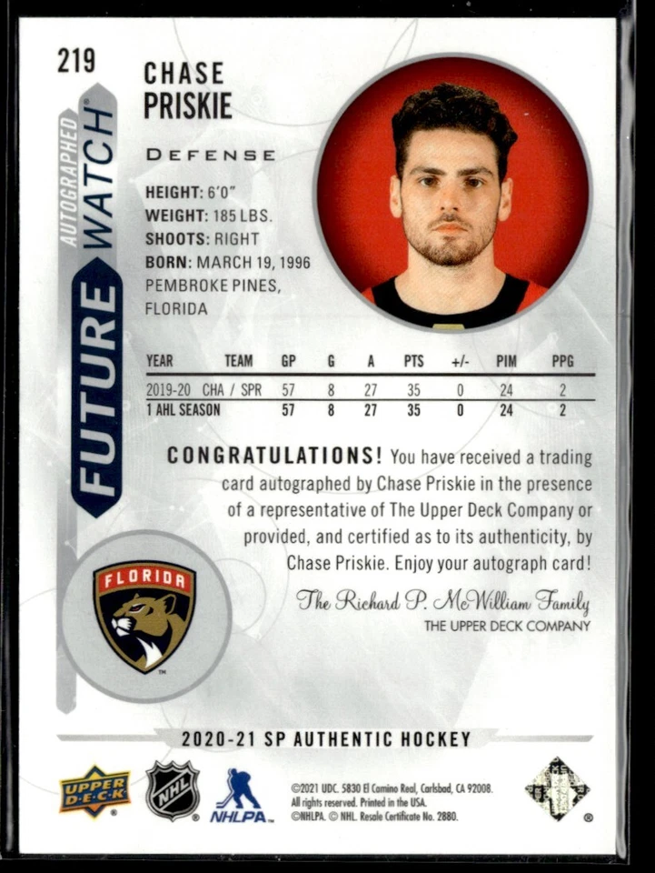 2020-21 SP Authentic Future Watch Auto Chase Priskie 855/999 #219 H7R1H - Image 2 of 2