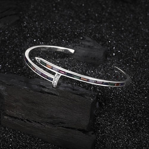 S925 Solid Sterling Silver Vintage Rainbow Cubic Zirconia Nail Open Cuff Bangles - Picture 5 of 6