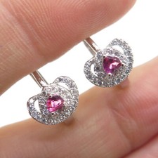 925 Sterling Silver Pink Heart-Cut  White Round-Cut Shaped C Z Hoop Earrings