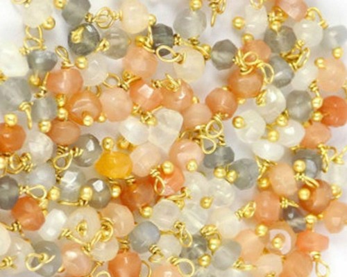 Multi Moonstone Wire Wrapped Rondelle 3-4mm Beads, Gold Plated Link 100 Piece