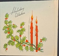 Christmas Card Vintage - Holly Berries Red Candles - Marchant - Die Cut 5x4
