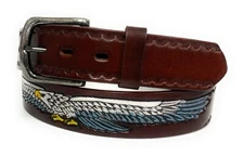 MEN'S BROWN EAGLE LEATHER BELT, HAND LACED EAGLE DECORATED LEATHER BELT