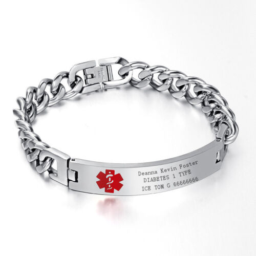 Men Medical Alert ID Chain Bracelet Wristband DIY Free Engraving Stainless Steel - Afbeelding 1 van 10