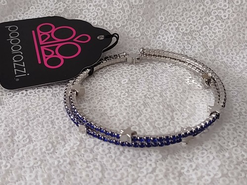 Paparazzi Let Freedom Ring Blue rhinestones silver coil stars bracelet - Picture 5 of 7