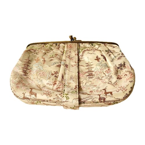 Antique 1950 Hand Strap Clutch Brocade Evening Japanese Garden Tapestry - Picture 1 of 9
