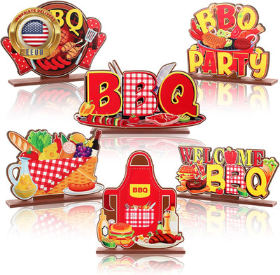 6 Pcs BBQ Centerpieces for Table Wooden BBQ Tabletop Signs for Summer Picnic Red