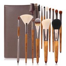 Makeup Brush Set,15pcs Walnut Wooden Makeup Brushes With Leather Button Bag, ...