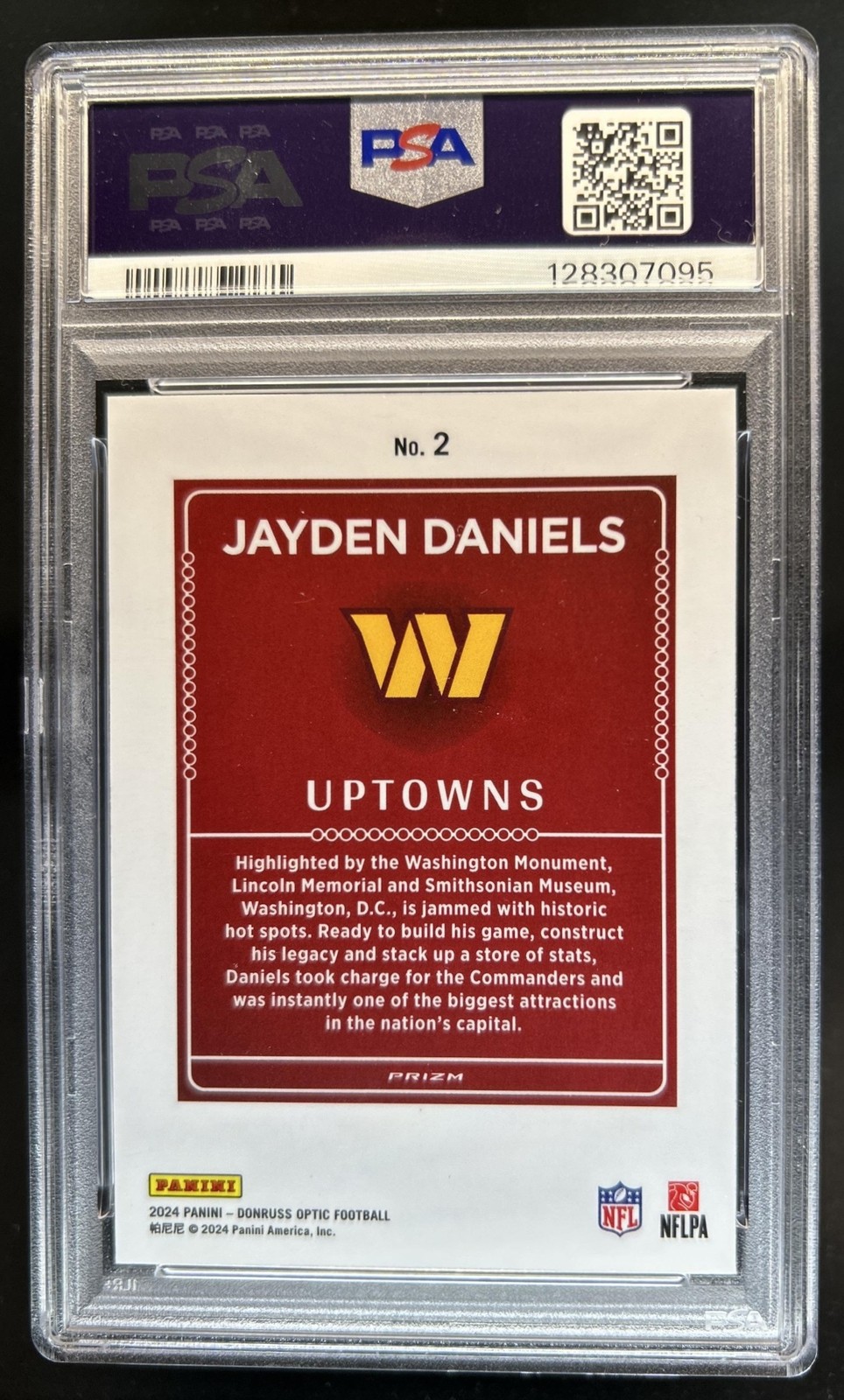 2024 Panini Donruss Optic Jayden Daniels Uptowns RC Rookie Prizm SSP #2 PSA 9 view 2