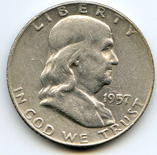 U.S. 1957d Franklin Half Dollar Error R in Trust connected to BF bust 900 Silver
