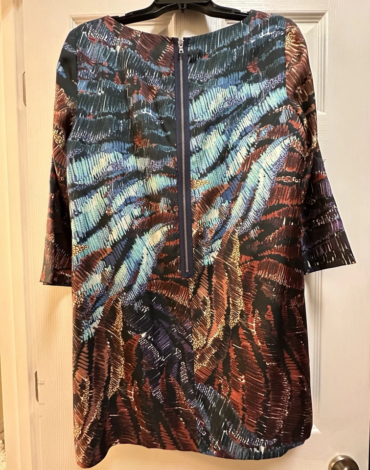 Vestido Ali Ro Cuello Barco Manga 3/4 100% Seda Marrón Turquesa Púrpura Talla 10 Foto 3 de 4