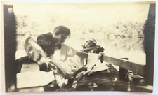 Girls Reading Lake House Vintage Photo Snapshot Friends Nature Newspaper Found