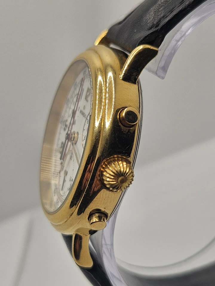 Movado Chronograph Uhr 38mm White Dial Gold Tone Date 87.A5.860 New Batt - Bild 2 von 4