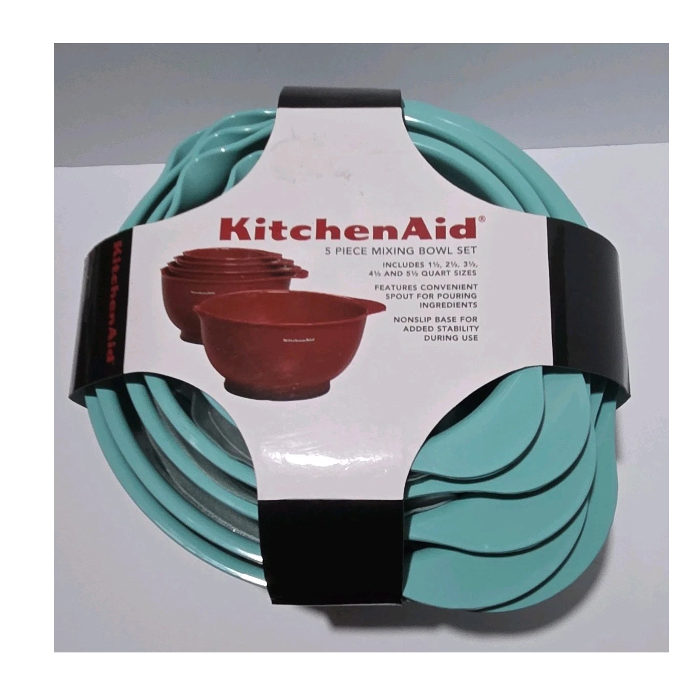 KitchenAid 5-Piece Plastic Nesting Mixing Bowl Set Pour Spout Non-Slip Blue