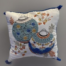 Chinoiserie Style Embroidered Accent Pillow With Lanterns 12" x 14   Zipper Seam