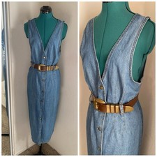 Studio Ease V-Neck Vintage Sleeveless Blue Denim Midi Dress Size 8