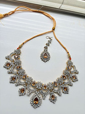 Silver/Gold Tone Ethnic Rhinestone Necklace & Earrings Amber Teardrop