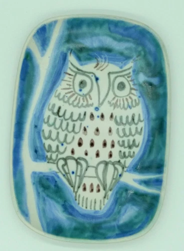 Vintage MCM Anderson Design Studio Pottery Blue Owl Small Rectangular Dish