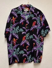 Paradise Found Men’sHawaiian Shirt Magnum PI Black Red Purple Parrots Rayon Sz L
