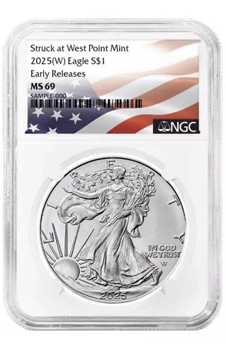 2025 (W) $1 American Silver Eagle NGC MS69 ER Flag Label