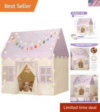 Kids Play Tent Indoor: Mat, Tassel Garland, Star Lights - Purple Checkered Gi...