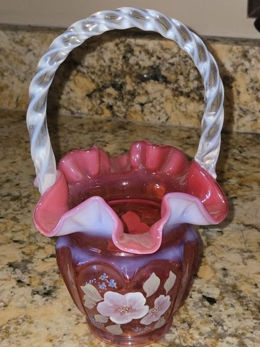 Fenton Basket Cranberry Opalescent Open Heart Arches Signed Bill, George Fenton