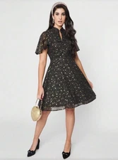 UNIQUE VINTAGE BLACK & GOLD STAR CAPULET FIT & FLARE DRESS - NEW – Sz. MEDIUM