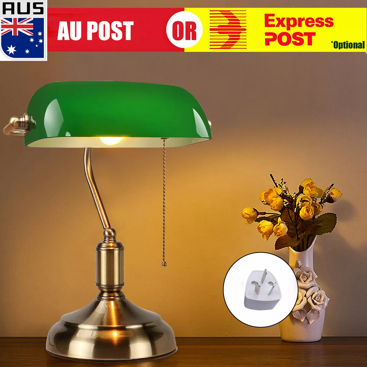 Retro Vintage Antique Green Brass Banker Lounge Lamp Table Office Desk Light F