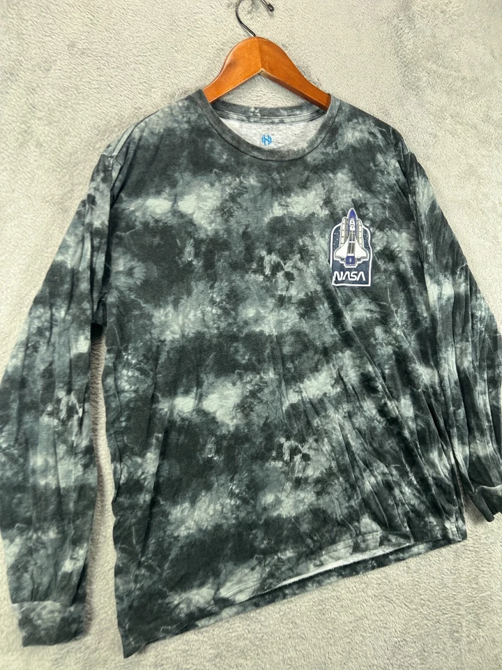 HYPER SPACE Mens Large NASA T Shirts Long Sleeve Gray Tie Dye Crew Graphic Logo - Image 3 of 4