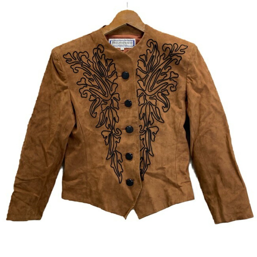 Yves Saint Laurent Giacca di Pelle Marrone Ricamo Ecopelle L KI250109059