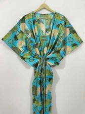 Indian Aqua Long Floral Print Cotton Hippie Maxi Women Nightwear Caftan Dress
