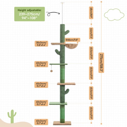 PAWZ Road Cactus Cat Tree Tower Scratching Post Ceiling High Scratcher Furniture - Picture 2 of 12