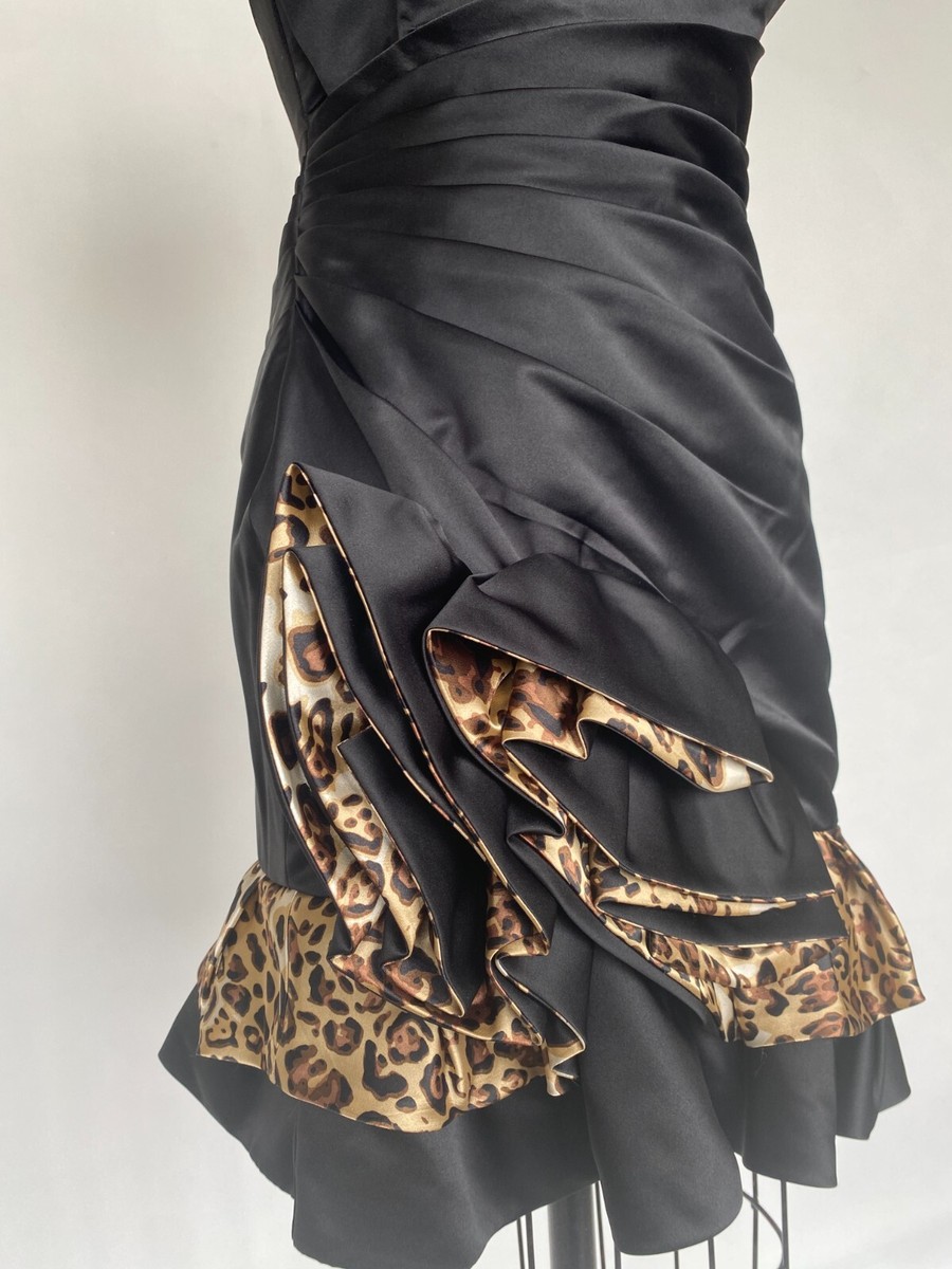 Black Satin Leopard Mini Dress Size 0 Animal Print Ruffled Short Dress Sz 0  | eBay