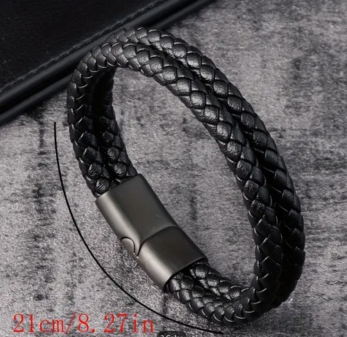 1 pcs Mens Leather Braided Wristband Bracelet Stainless Steel Magnetic 6mm Black - Picture 2 of 5