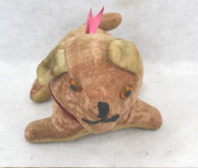 antique straw stuffed dog velvet glass eyes beige 6 in long 19th c original 