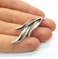 2 Pcs Leaf Leaves Dangle Antique Silver Plated Metal Charms (50x18mm) G16091