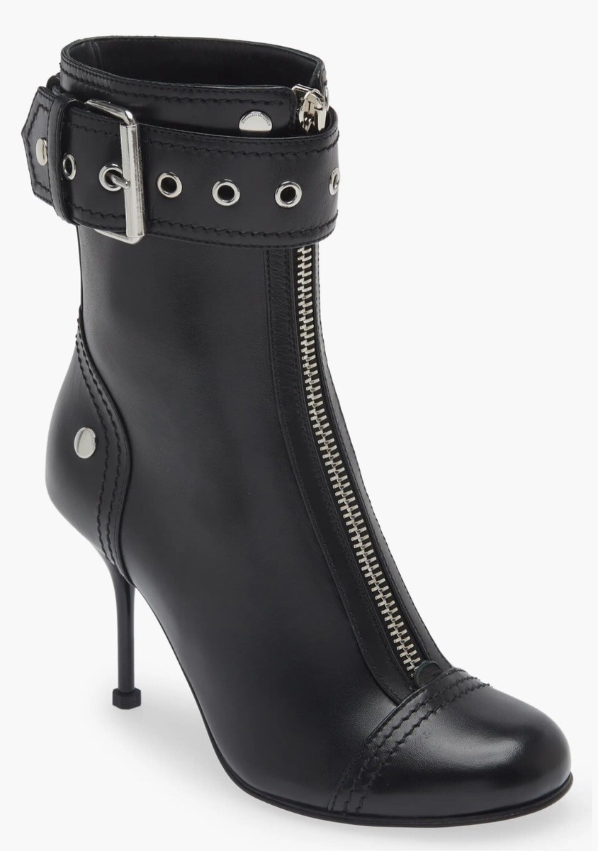 ショートブーツ・ブーティ Alexander Mcqueen Black leather ankle boots Alexander McQueen Black Biker Zip Bootie Shoes 40 New $1790