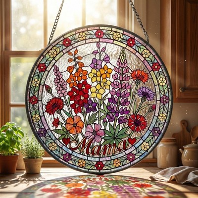 Personalized Mama Birth Flower Stained Glass Suncatcher   Mother s Day Gift