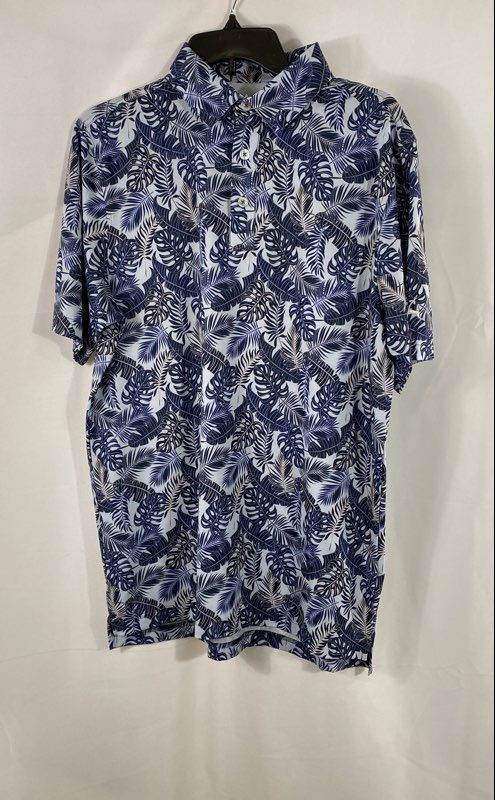 Straight Down Men's Blue Tropical Monstera Leaf Performance Polo Shirt Sz S NWT