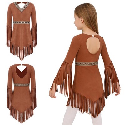 Girls Costume Ball Native American Cosplay Back Cut-Out Dress Tassel Hem Fancy