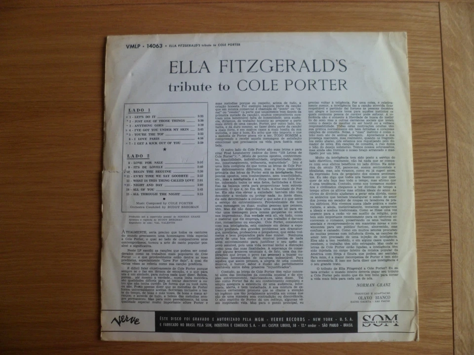 ELLA FITZGERALD: TRIBUTE TO COLE PORTER 1966 BRAZILIAN VERVE LP 33RPM VG RARE - Image 2 of 3