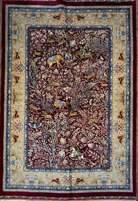3 x 5 Feet Hunting Pattern Silk Rug, Animal Pictorial, Red Vintage Design