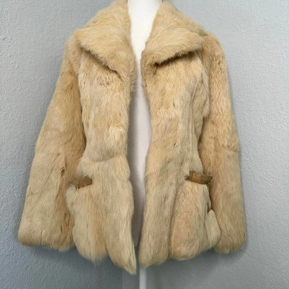 奶油色复古正品 Hopper Fur 兔子毛皮短款夹克女式小号 — 第 3/4 张图片