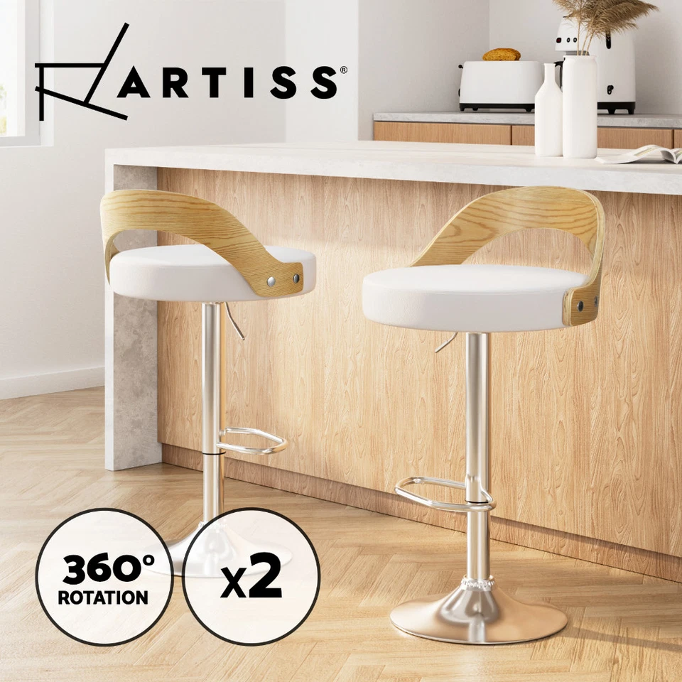 Artiss 2x Bar Stools Kitchen Counter Chairs Gas Lift Leather Padded White
